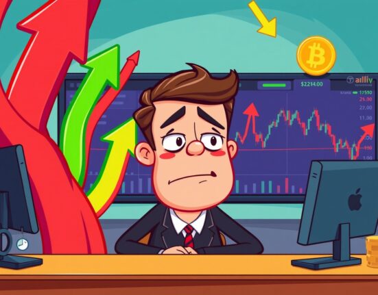 A cartoon illustration of dramatic crypto perpetuals liquidations causing market volatility on a trader's screen.
