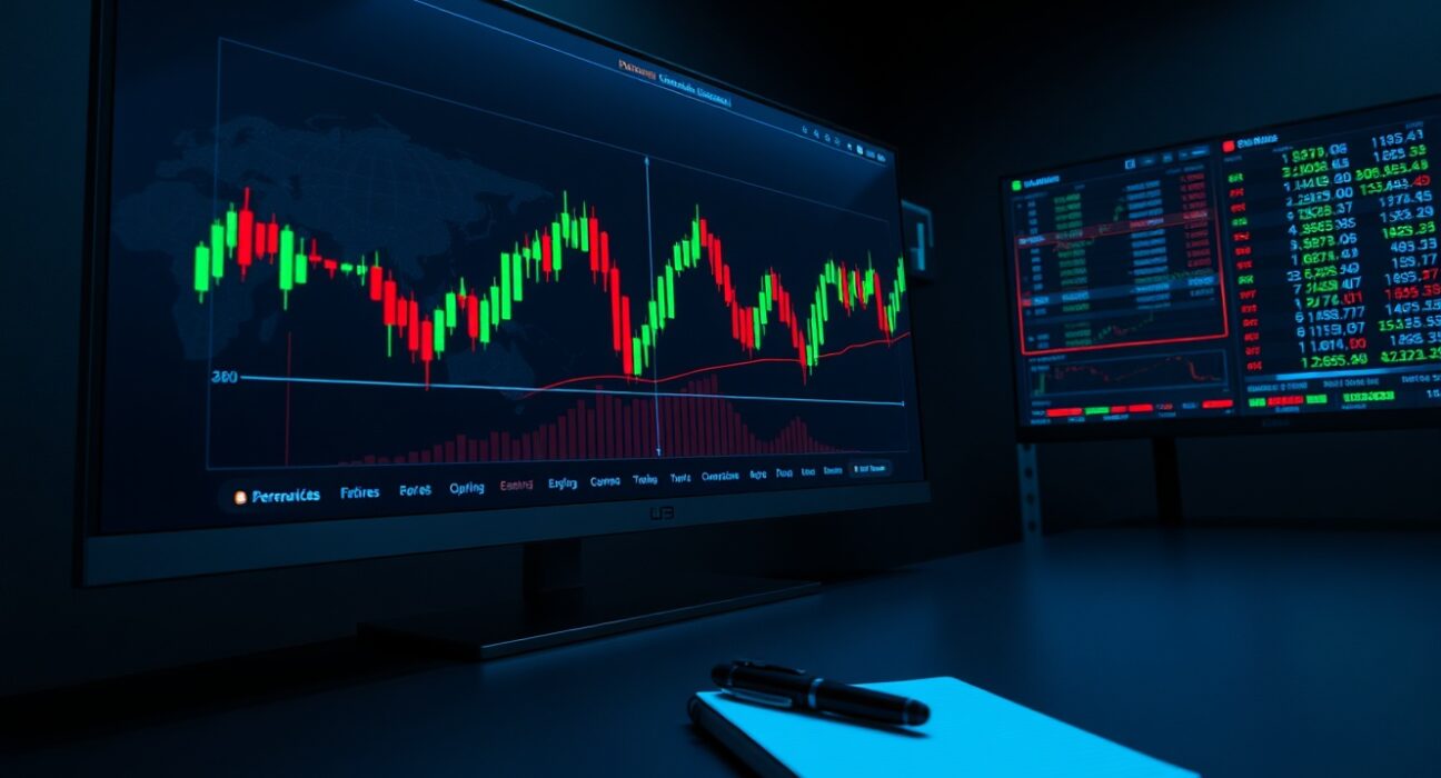 A trading desk monitor showing crypto perpetual futures charts predicting traditional market movements.