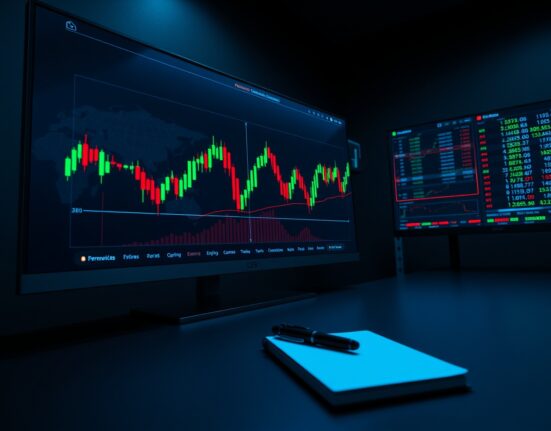 A trading desk monitor showing crypto perpetual futures charts predicting traditional market movements.