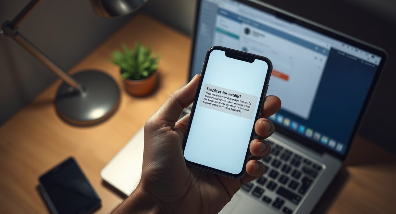 Hand holding a smartphone displaying a phishing email notification, with a laptop showing a crypto wallet in the background.