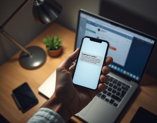 Hand holding a smartphone displaying a phishing email notification, with a laptop showing a crypto wallet in the background.