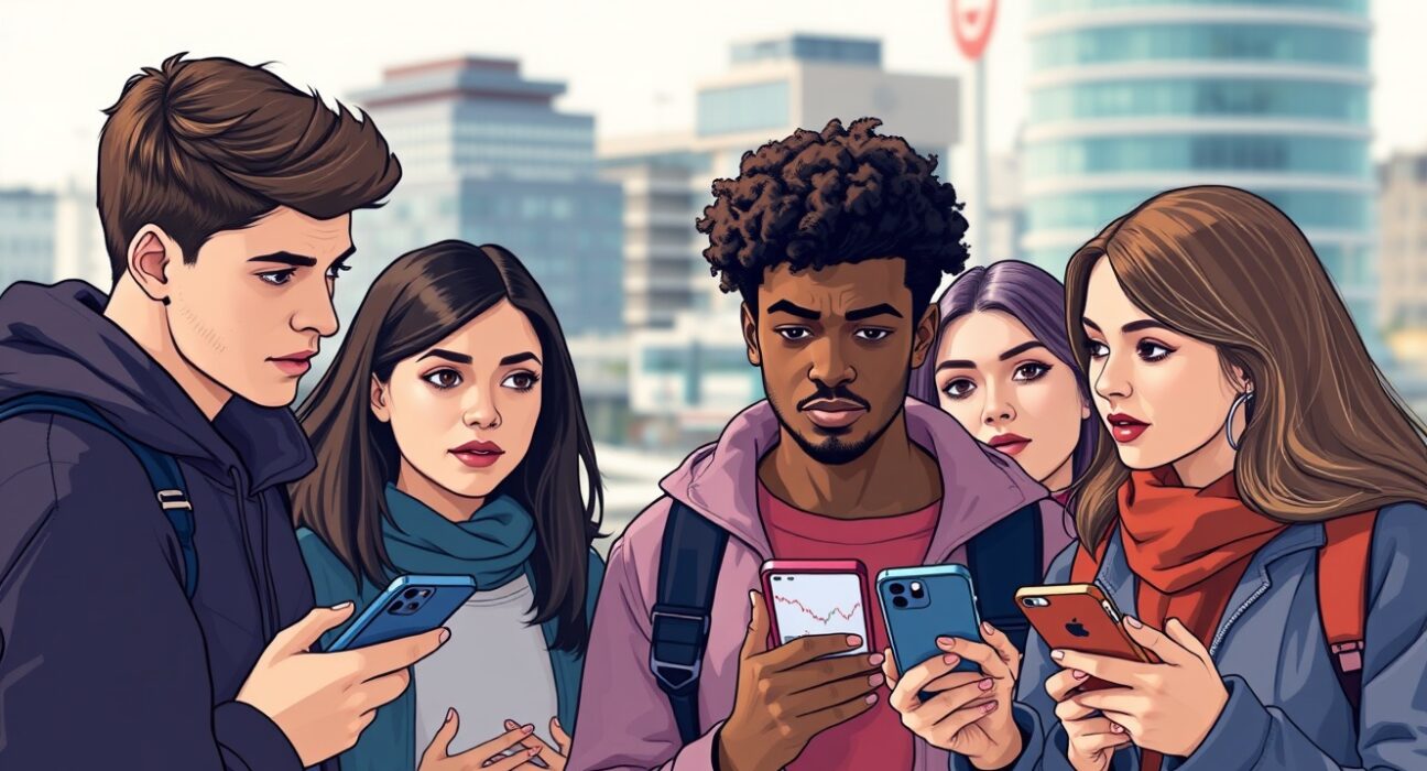 Young UK voters discussing cryptocurrency as a key political issue in a modern urban setting.