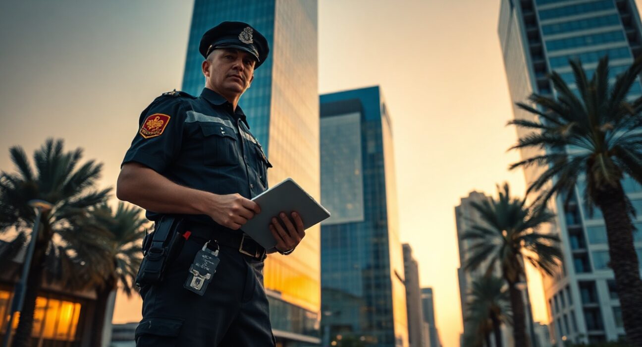 Law enforcement officer outside a Dubai financial district building at sunset, representing the arrest of a crypto fraud suspect.