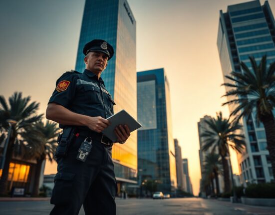 Law enforcement officer outside a Dubai financial district building at sunset, representing the arrest of a crypto fraud suspect.