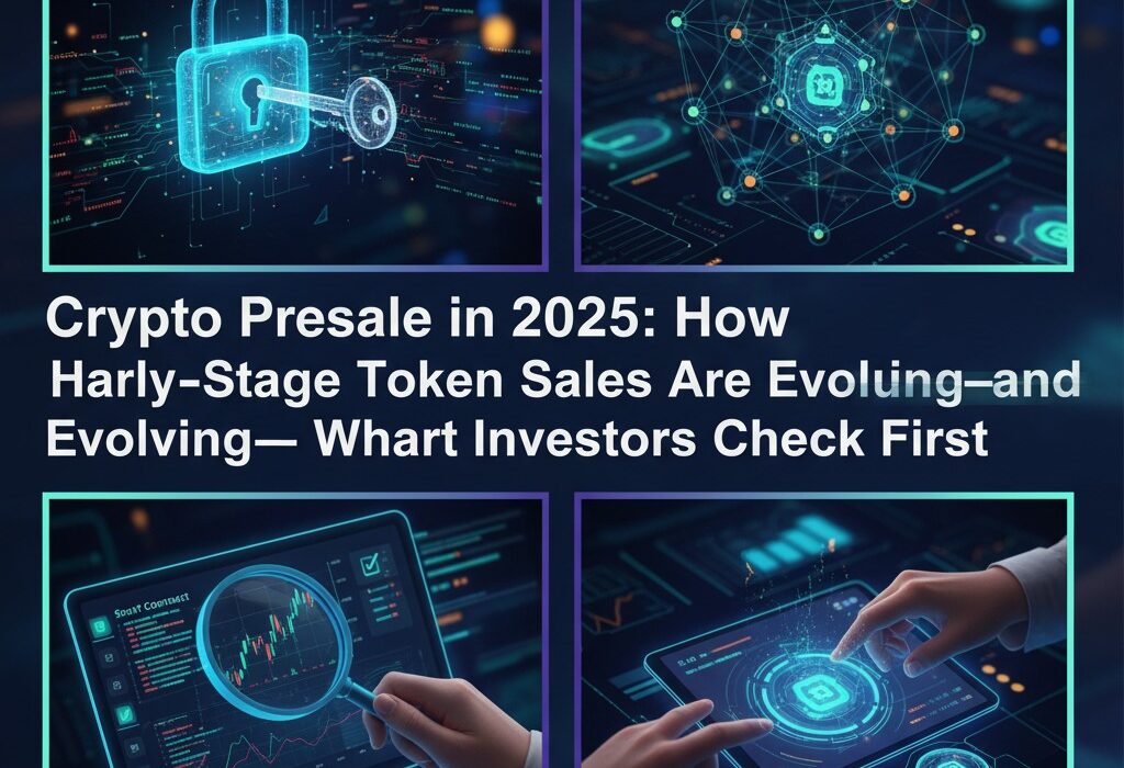 A four-panel image illustrating crypto presales. The top left shows a glowing digital padlock and key, the top right a connected network structure with a central token icon. The bottom left features hands holding a magnifying glass over a tablet displaying crypto charts. The bottom right shows hands interacting with a holographic crypto interface and stacked tokens. The central text reads "Crypto Presale in 2025: How Harly-Stage Token Sales Are Evolving—and Evolving—Whart Investors Check First."