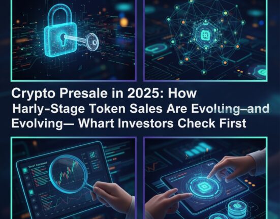 A four-panel image illustrating crypto presales. The top left shows a glowing digital padlock and key, the top right a connected network structure with a central token icon. The bottom left features hands holding a magnifying glass over a tablet displaying crypto charts. The bottom right shows hands interacting with a holographic crypto interface and stacked tokens. The central text reads "Crypto Presale in 2025: How Harly-Stage Token Sales Are Evolving—and Evolving—Whart Investors Check First."