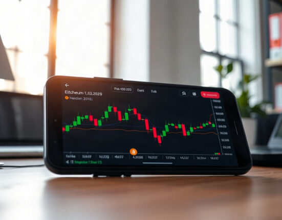 Crypto price chart on a smartphone with Bitcoin, Ethereum, and Dogecoin indicators, illustrating the Asian market wrap.
