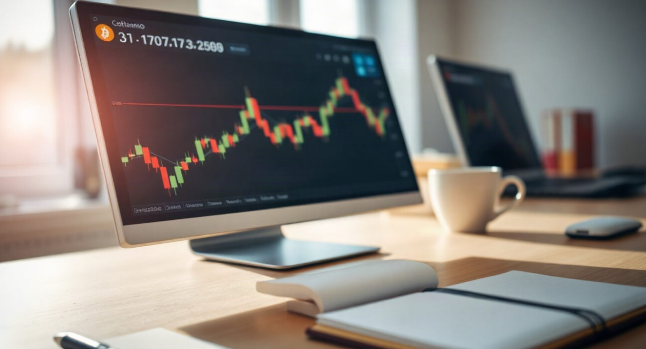 Cryptocurrency price chart on a screen with Bitcoin, Ripple, and Cardano symbols, symbolizing market analysis