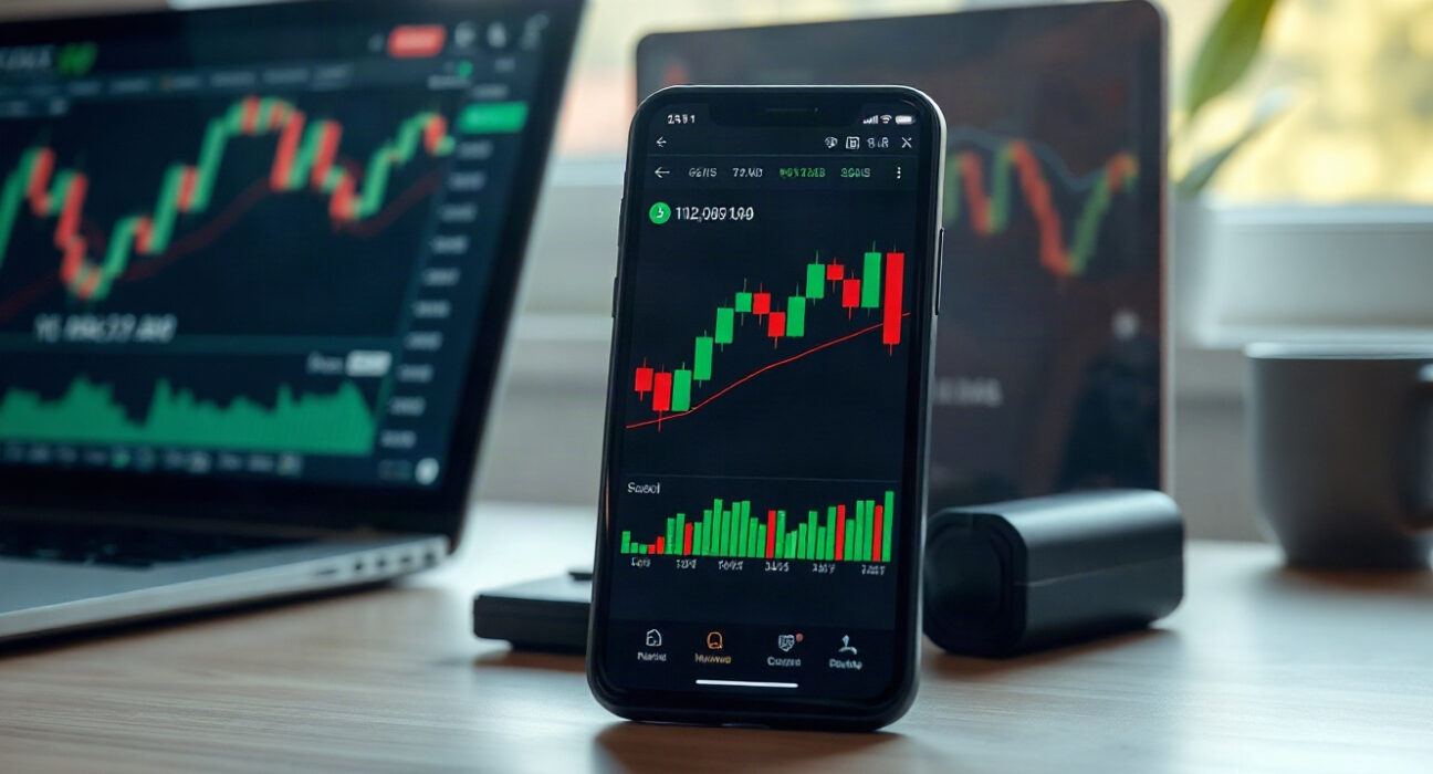 Cryptocurrency price charts on a smartphone and laptop in a trading setup