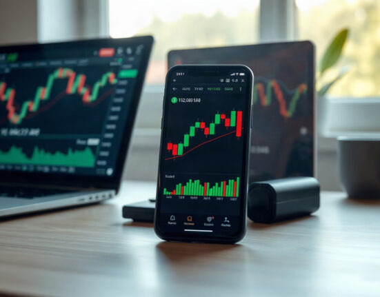 Cryptocurrency price charts on a smartphone and laptop in a trading setup