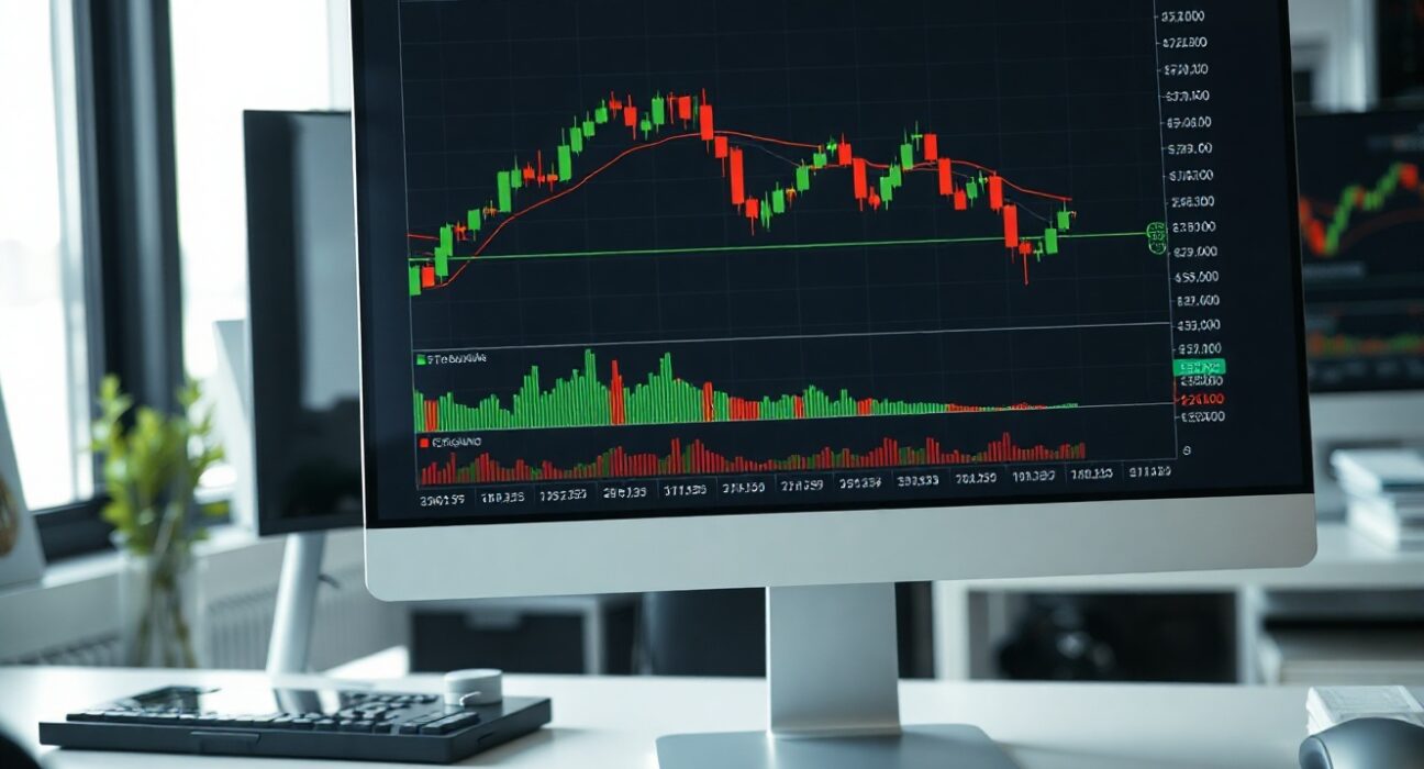 Cryptocurrency price charts on a monitor in a trading office