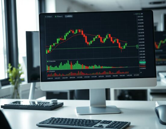 Cryptocurrency price charts on a monitor in a trading office