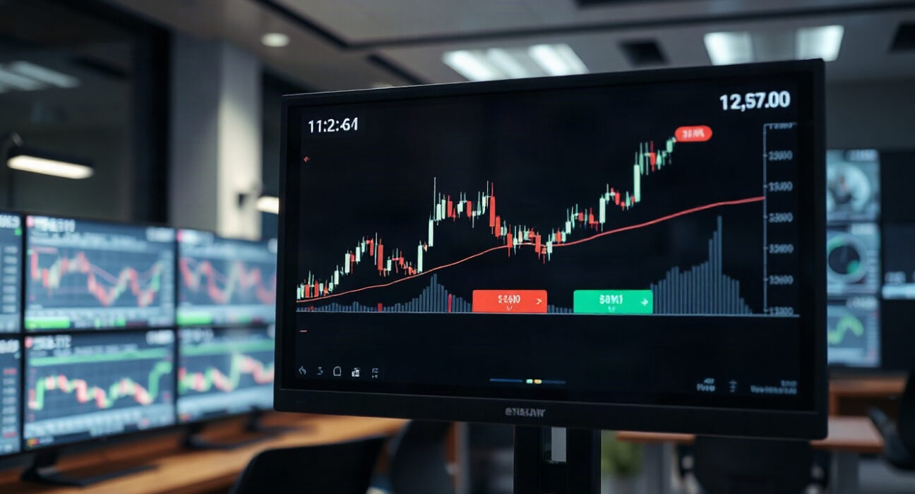 Cryptocurrency price charts on a monitor in a trading office on August 24