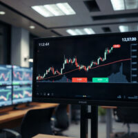 Cryptocurrency price charts on a monitor in a trading office on August 24