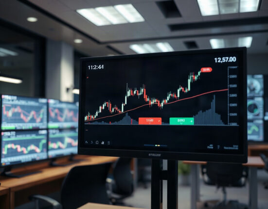Cryptocurrency price charts on a monitor in a trading office on August 24