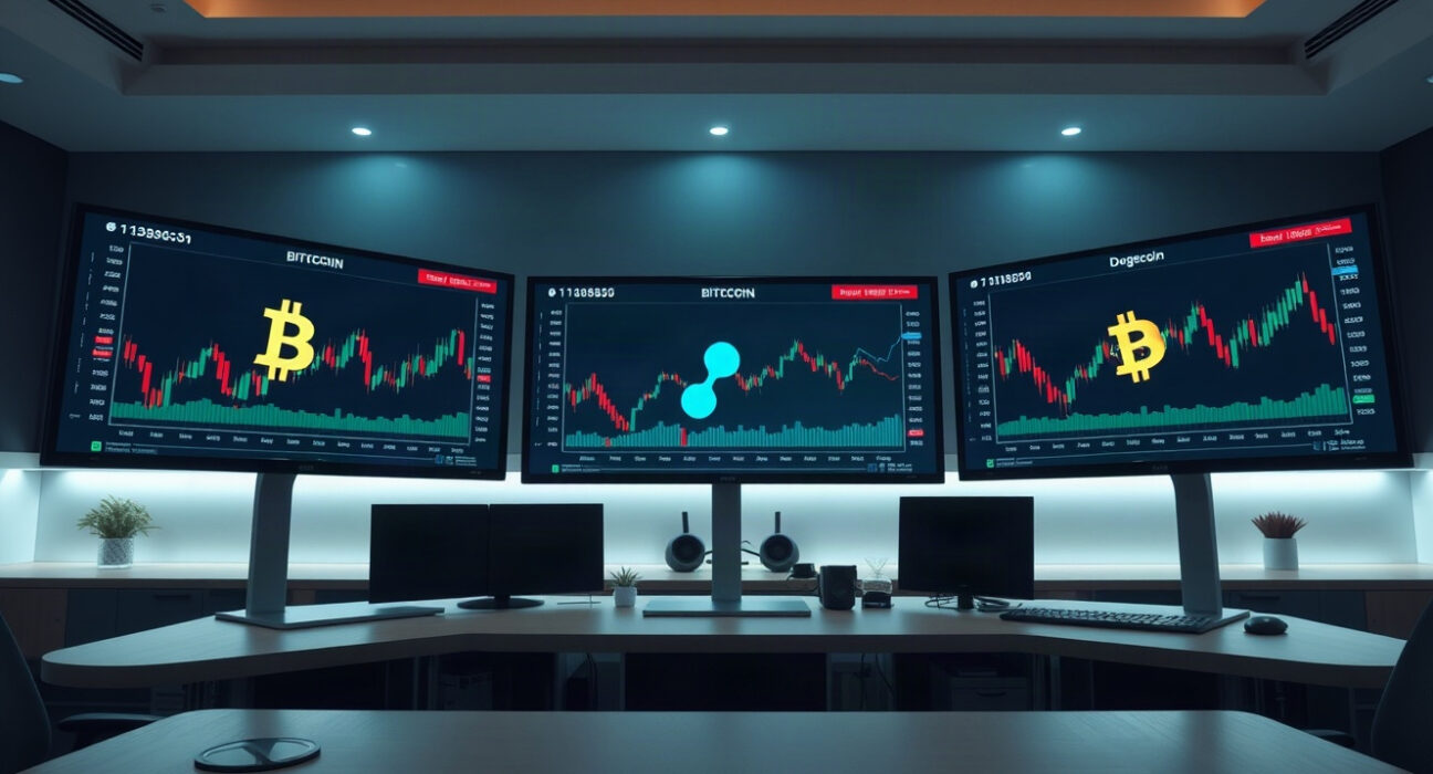 Cryptocurrency price charts on monitors in a professional trading environment
