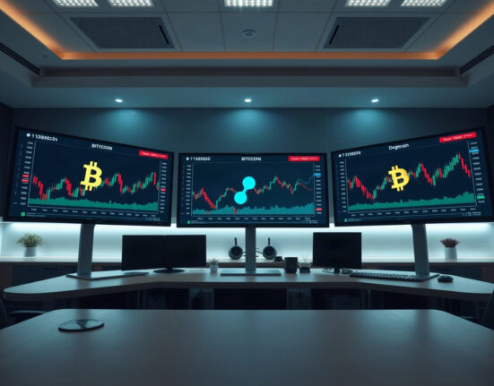 Cryptocurrency price charts on monitors in a professional trading environment