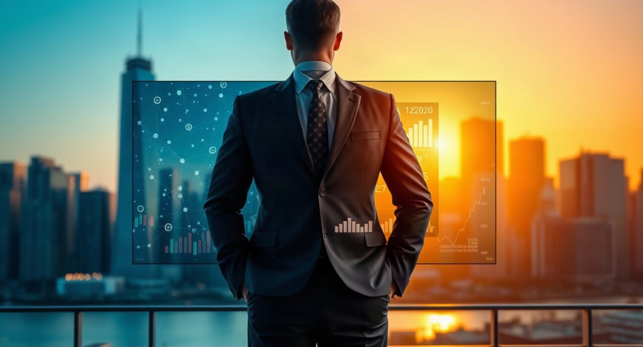 Analyst in business suit observing blockchain network and crypto charts on digital screen, split lighting between cool and warm tones.