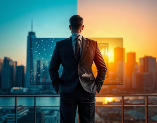 Analyst in business suit observing blockchain network and crypto charts on digital screen, split lighting between cool and warm tones.