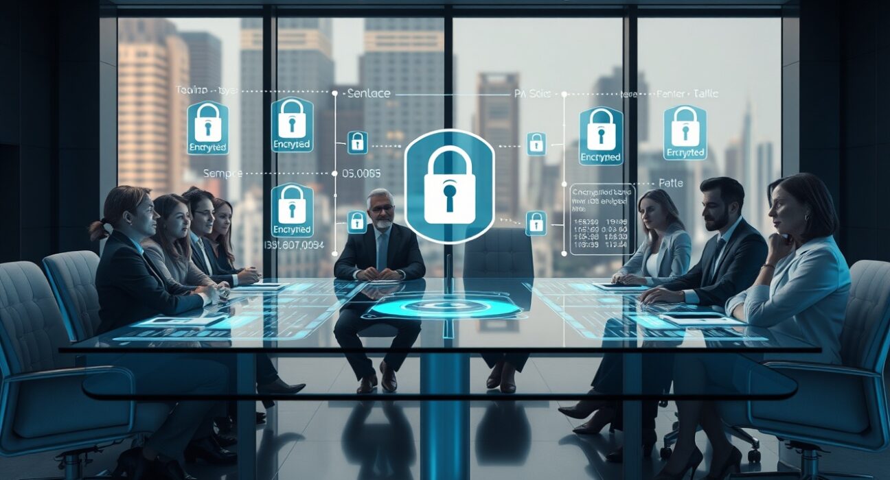 Corporate boardroom with holographic display showing encrypted data and privacy shields
