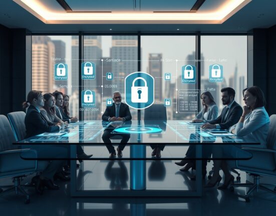 Corporate boardroom with holographic display showing encrypted data and privacy shields