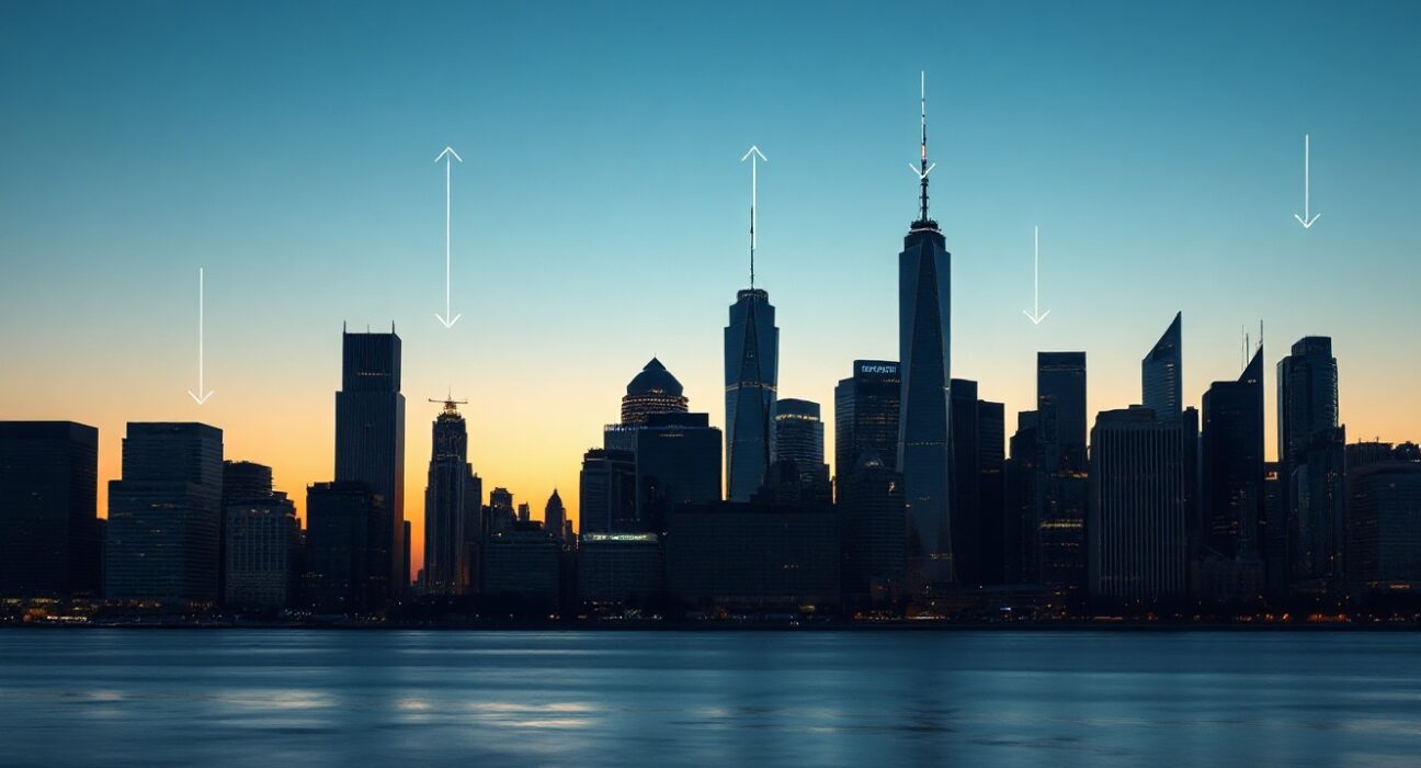 Modern city skyline at dusk with digital network overlays, representing the crypto industry contraction.