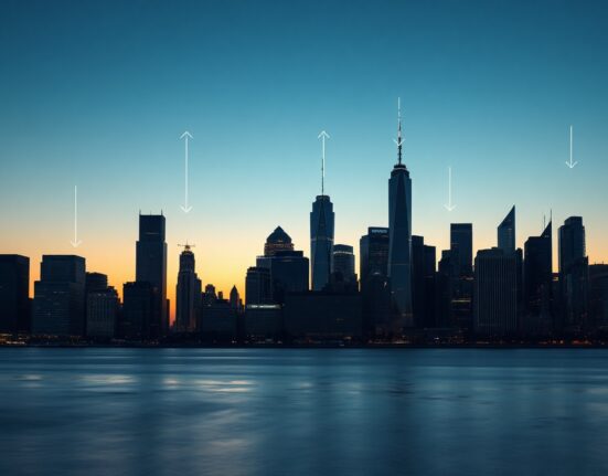 Modern city skyline at dusk with digital network overlays, representing the crypto industry contraction.