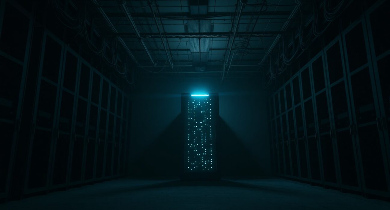 Empty dark server room with a single glowing server rack, symbolizing the shutdown of crypto projects.