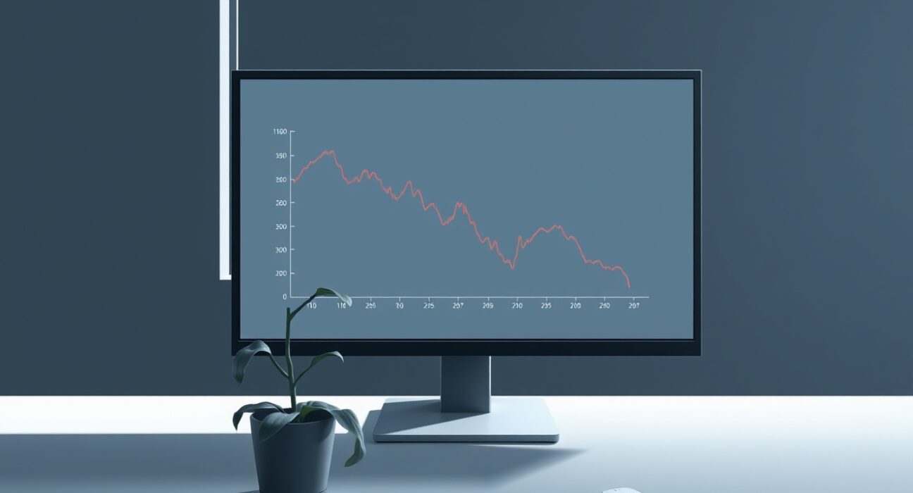 Empty office with cryptocurrency price chart showing decline, representing crypto project closures in bear market.