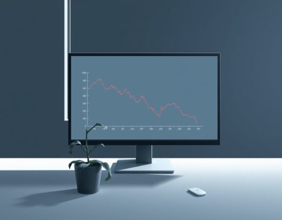 Empty office with cryptocurrency price chart showing decline, representing crypto project closures in bear market.