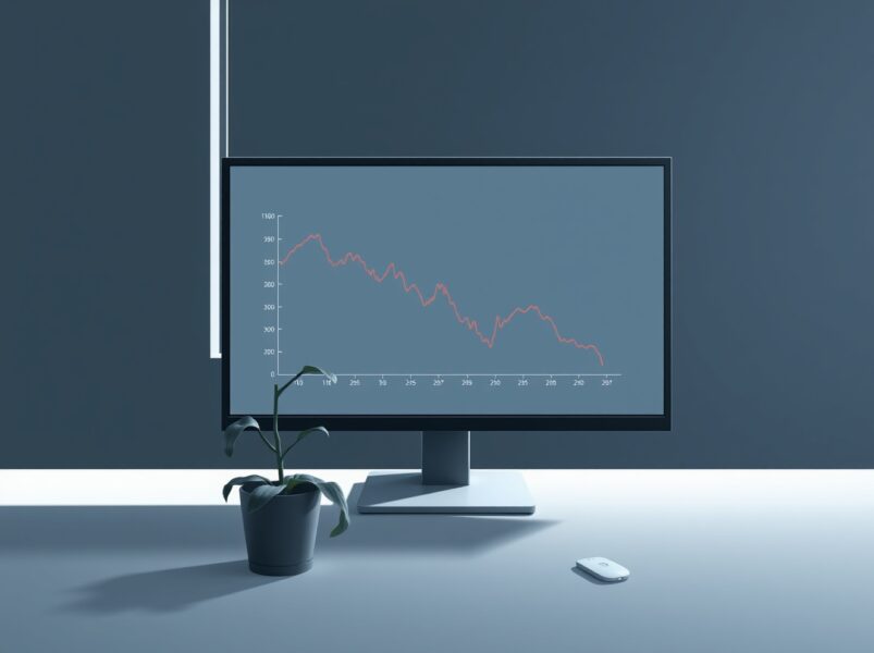 Empty office with cryptocurrency price chart showing decline, representing crypto project closures in bear market.