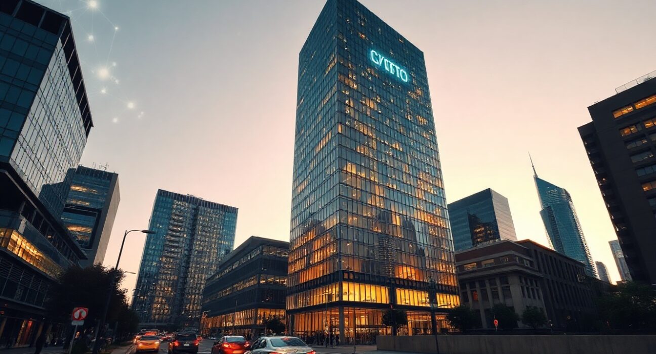 Financial district skyline with digital network overlays symbolizing crypto fundraising