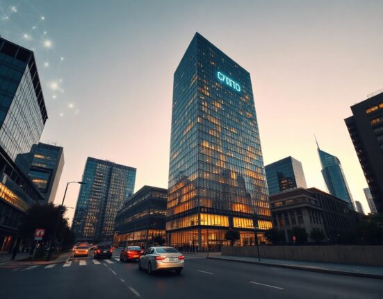 Financial district skyline with digital network overlays symbolizing crypto fundraising