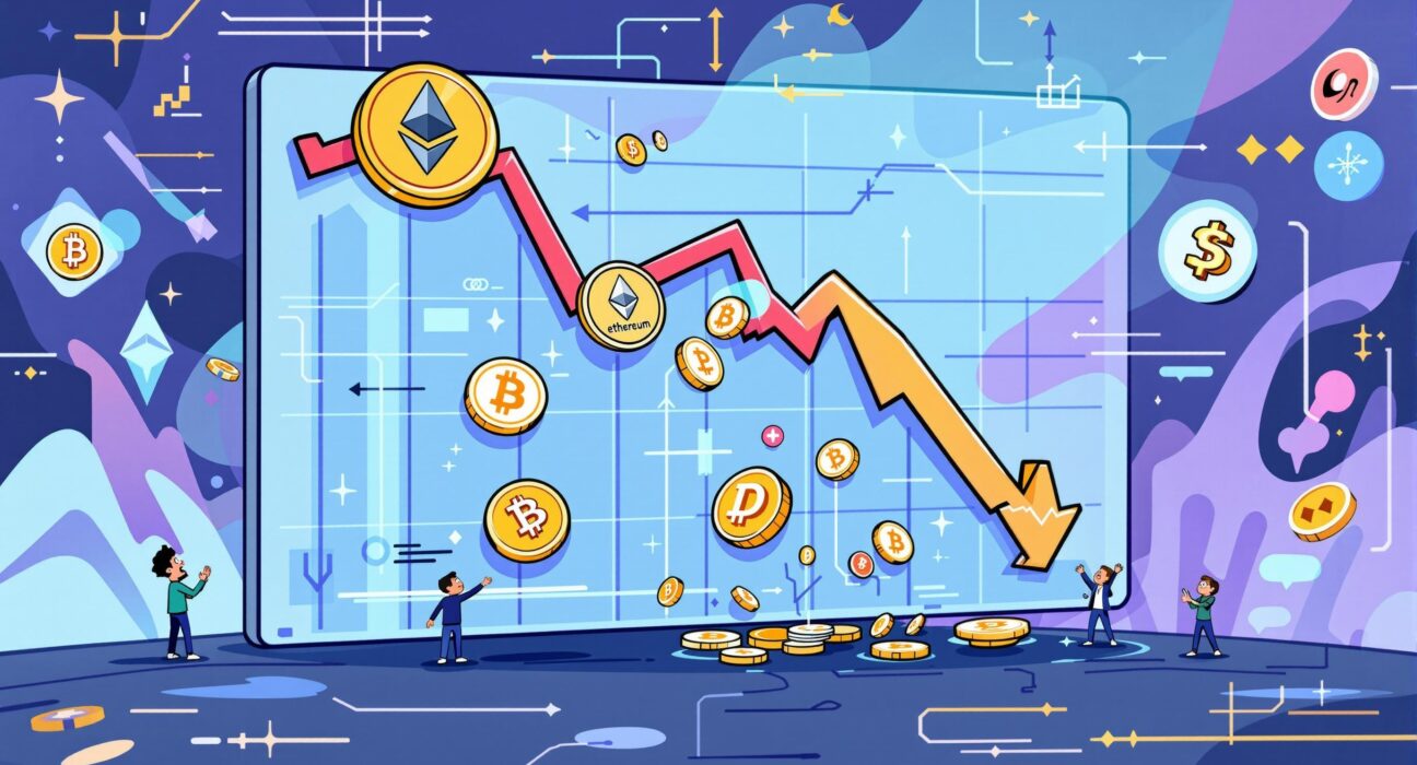 A cartoon illustration showing a downward trend in a crypto market graph, symbolizing the recent crypto pullback and market volatility.