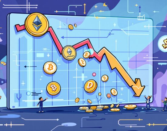 A cartoon illustration showing a downward trend in a crypto market graph, symbolizing the recent crypto pullback and market volatility.