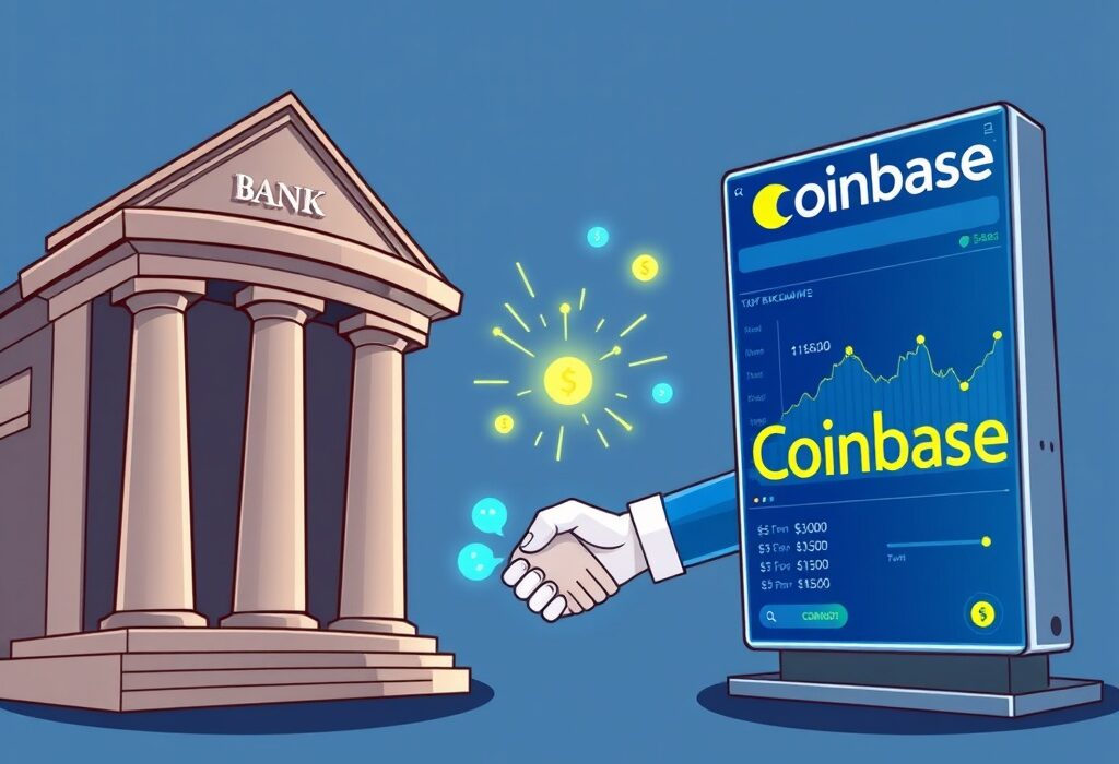 An illustration symbolizing the simplified process of crypto purchases through the partnership between JPMorgan and Coinbase, bridging traditional finance and digital assets.
