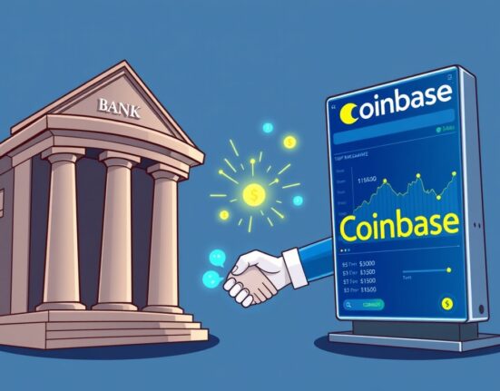 An illustration symbolizing the simplified process of crypto purchases through the partnership between JPMorgan and Coinbase, bridging traditional finance and digital assets.