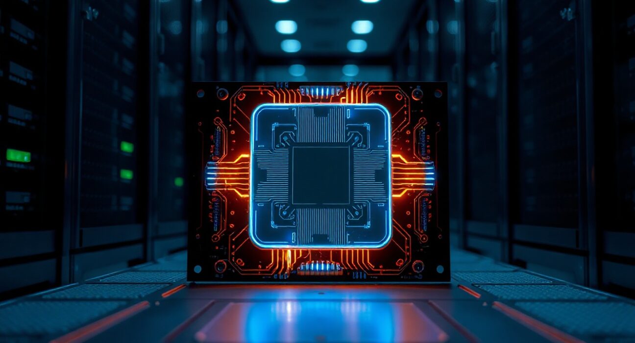 Futuristic quantum computer processor chip in a high-tech server room, representing the quantum computing threat to cryptocurrency security.