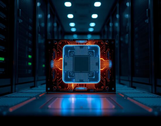 Futuristic quantum computer processor chip in a high-tech server room, representing the quantum computing threat to cryptocurrency security.
