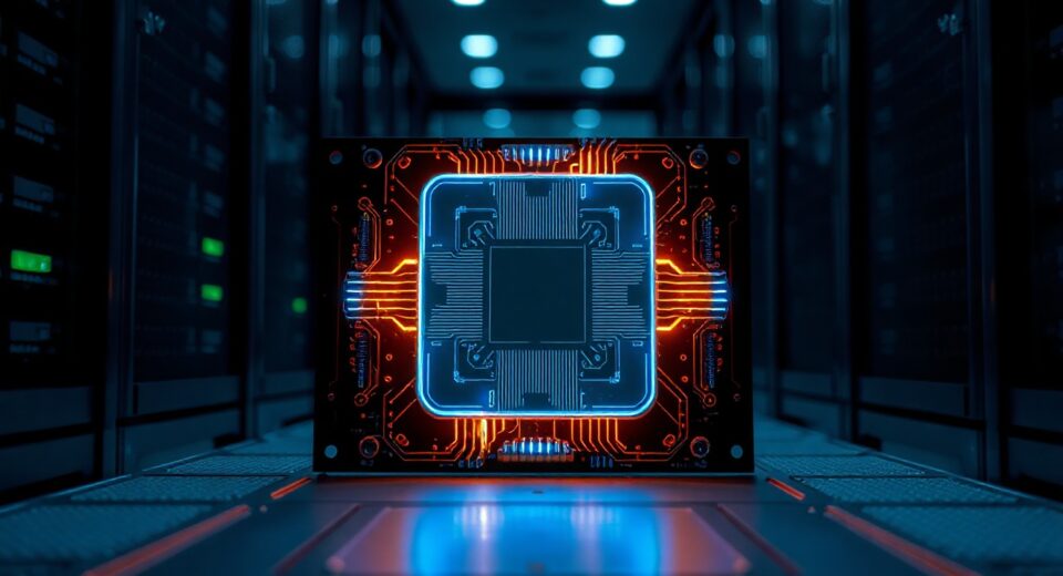 Futuristic quantum computer processor chip in a high-tech server room, representing the quantum computing threat to cryptocurrency security.