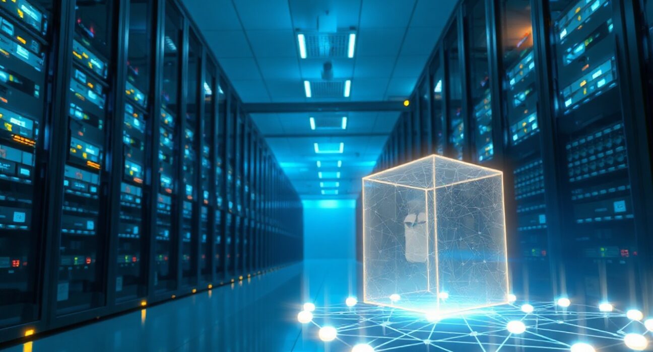 Quantum computer racks in a data center with a holographic blockchain network showing encryption upgrade