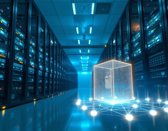 Quantum computer racks in a data center with a holographic blockchain network showing encryption upgrade