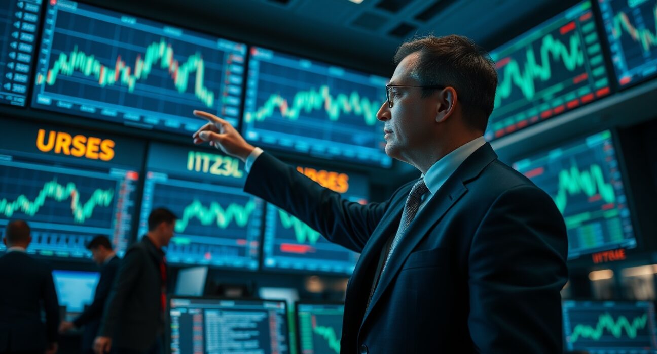 Financial analyst pointing at crypto price charts on trading floor screens