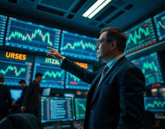 Financial analyst pointing at crypto price charts on trading floor screens
