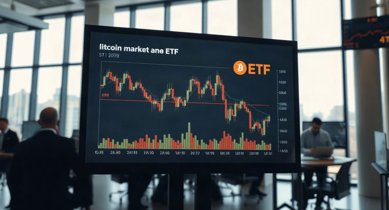 Cryptocurrency price charts on a trading display showing a slight decline, with Bitcoin and ETF symbols visible.