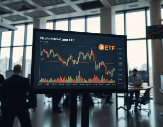 Cryptocurrency price charts on a trading display showing a slight decline, with Bitcoin and ETF symbols visible.