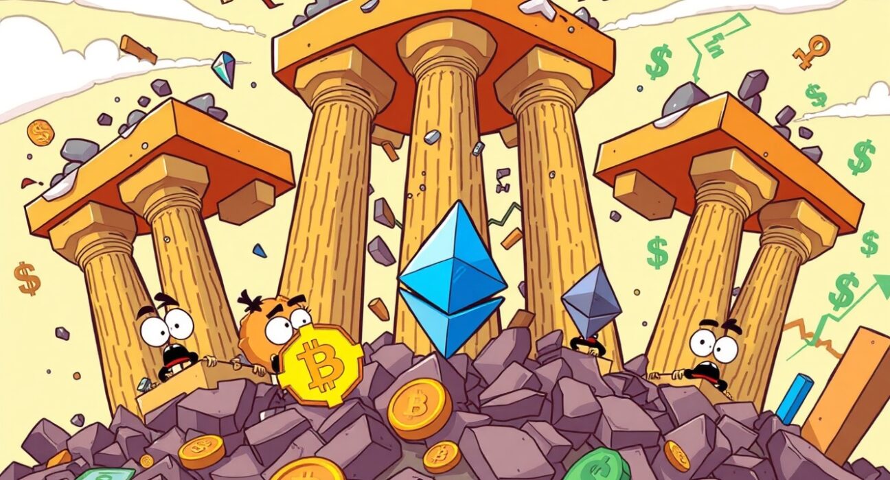 Cartoon showing crypto rally weakening as five market pillars collapse under economic pressure