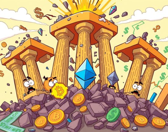 Cartoon showing crypto rally weakening as five market pillars collapse under economic pressure