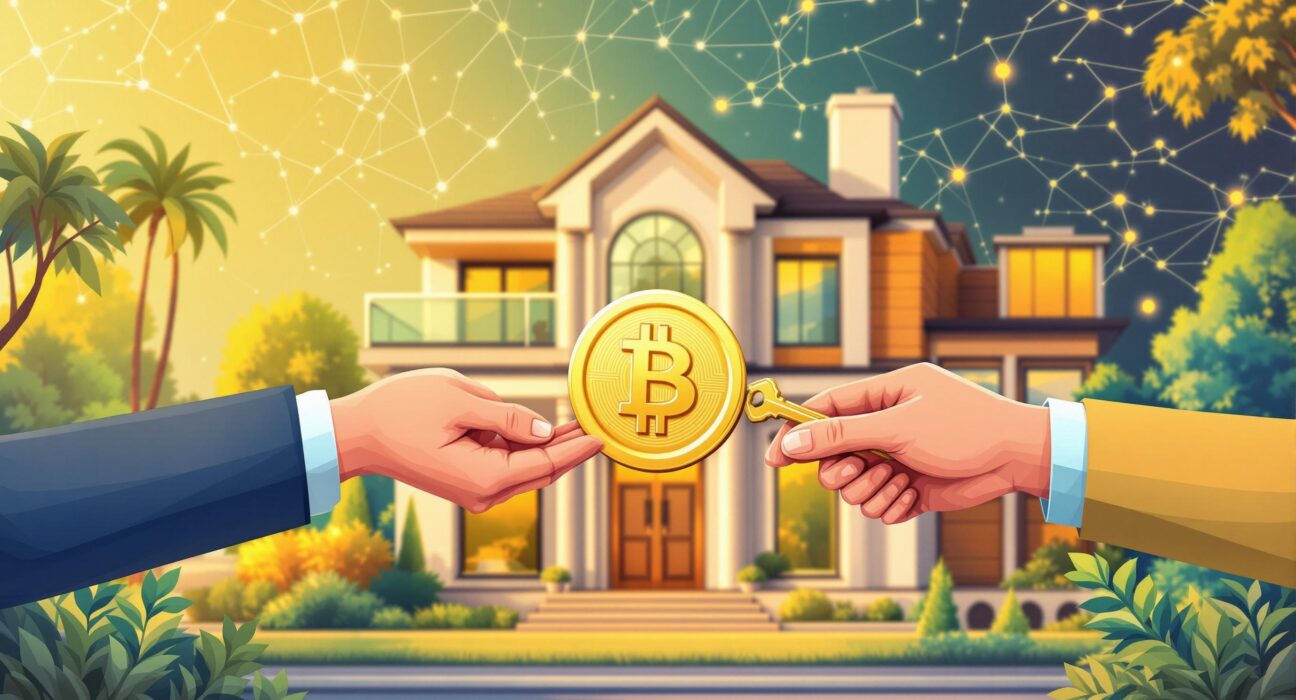 A cartoon image illustrating a seamless crypto real estate transaction for a luxury property, highlighting the integration of digital assets.