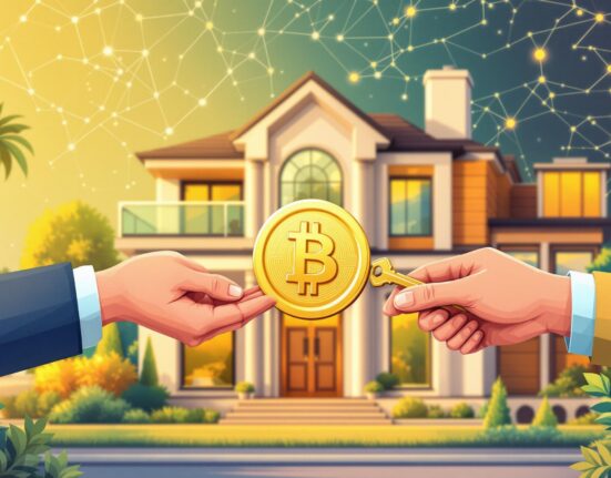 A cartoon image illustrating a seamless crypto real estate transaction for a luxury property, highlighting the integration of digital assets.